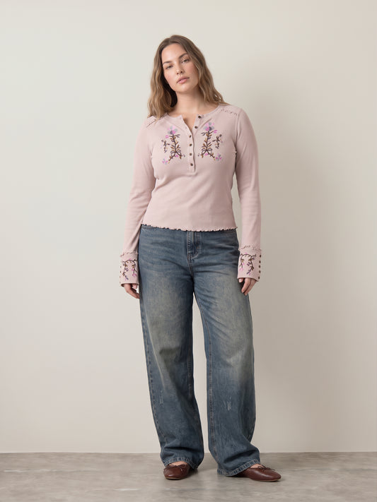 Fleur Embroidered Longsleeve Henley Top