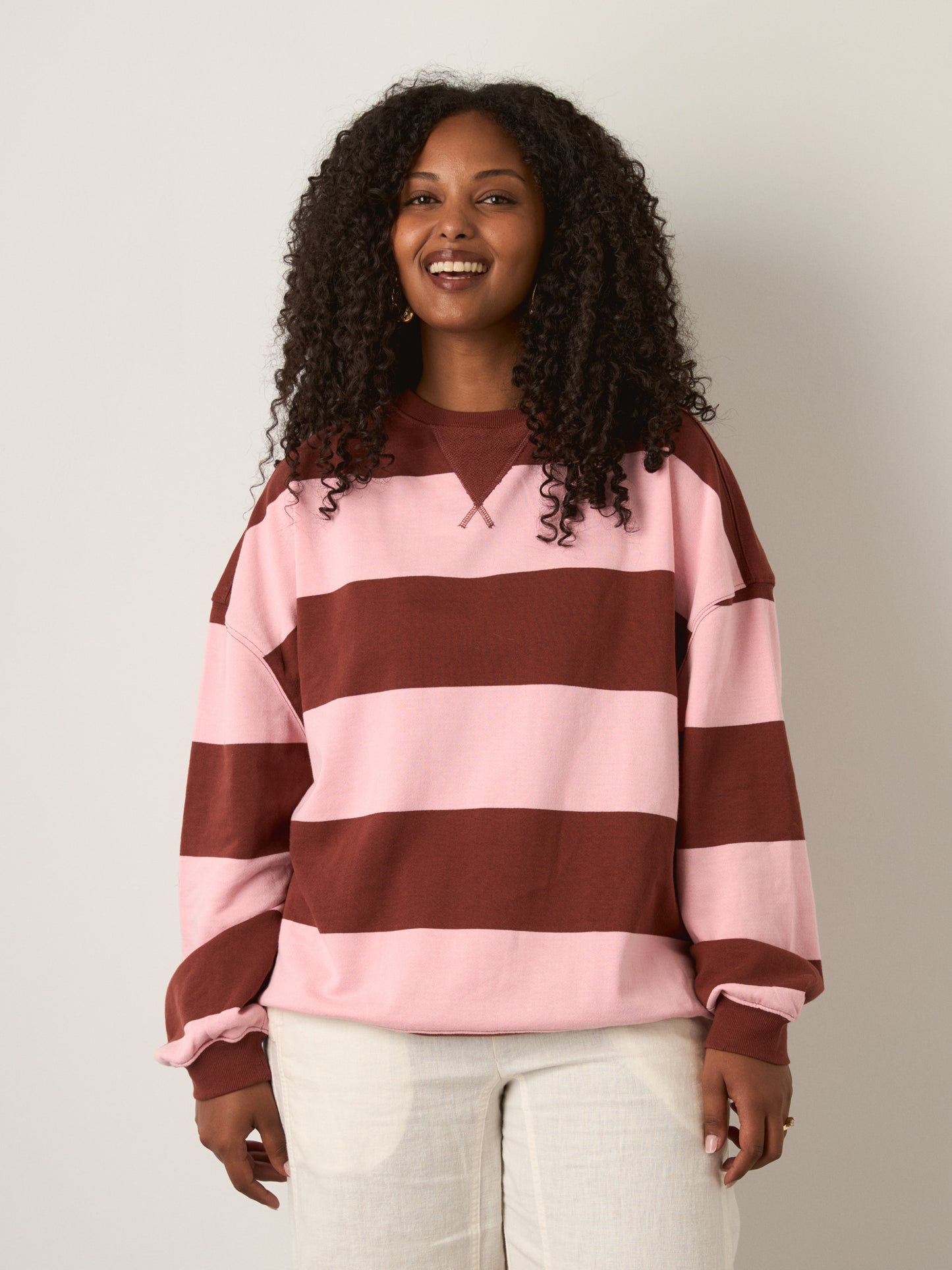 FREE PEOPLE - Classic Striped Oversized Crewneck Sweatshirt - Strawberry Wine Combo