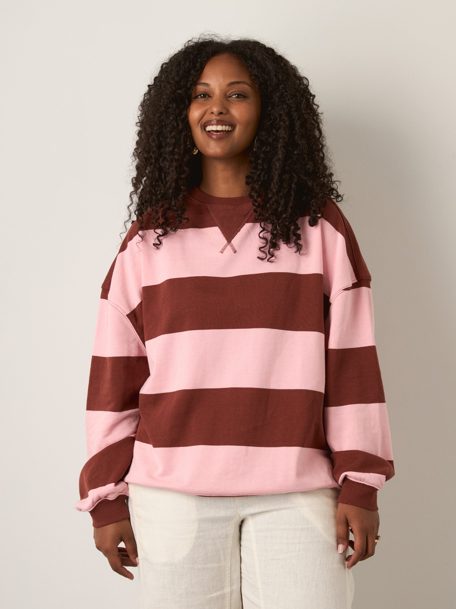 FREE PEOPLE - Classic Striped Oversized Crewneck Sweatshirt - Strawberry Wine Combo