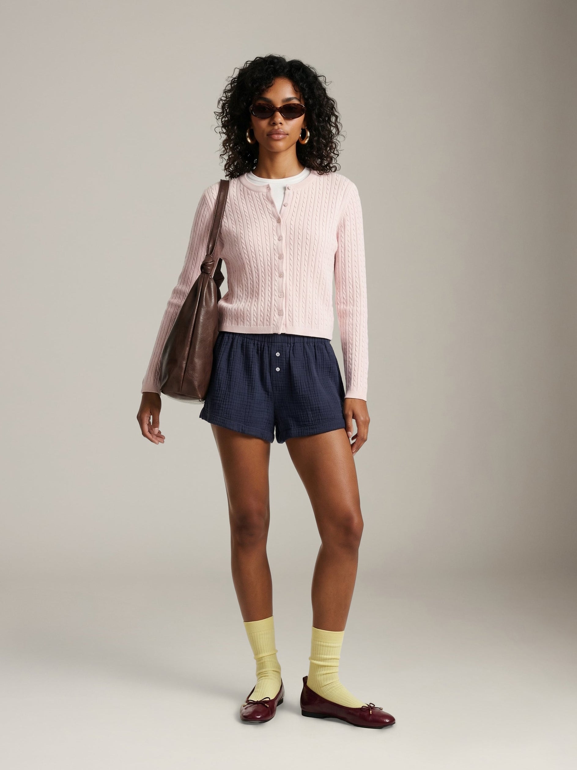 LOVEFINN - Cable Crewneck Cardigan - Ballet Pink