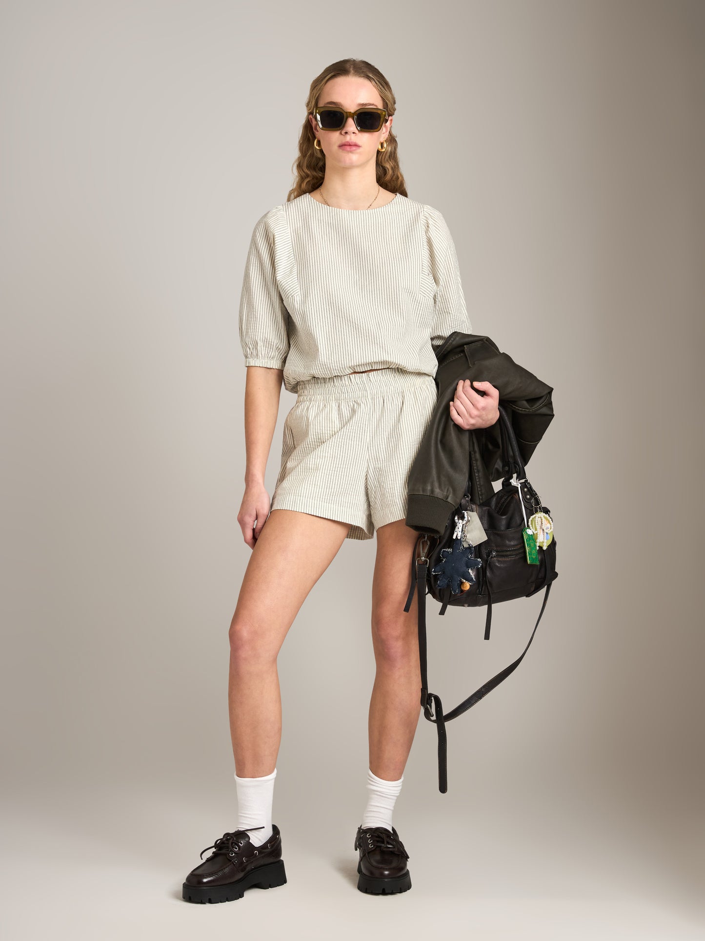 PROPAGANDA - Nellie Pinstripe Balloon Top - White / Grey Stripe