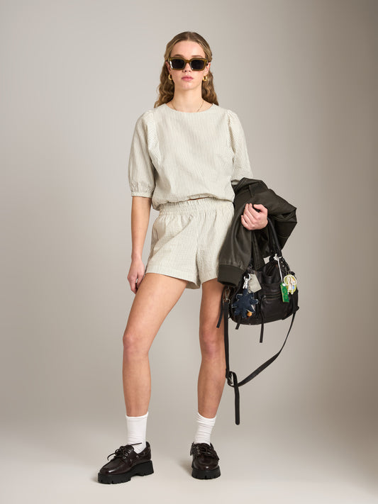 PROPAGANDA - Nellie Pinstripe Balloon Top - White / Grey Stripe