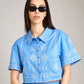 LOVEFINN-Embroidered Cropped Button Shirt-Periwinkle