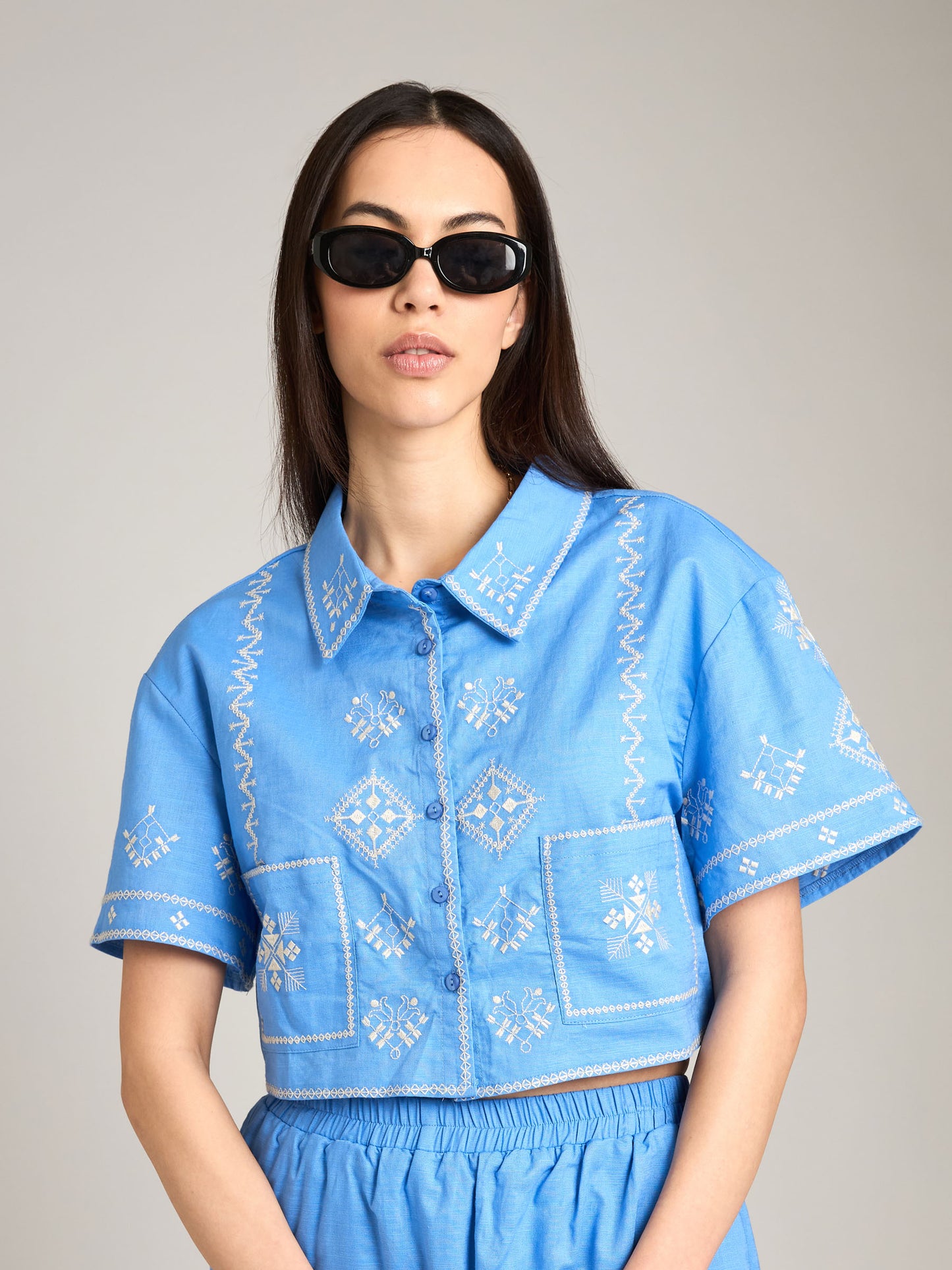 LOVEFINN-Embroidered Cropped Button Shirt-Periwinkle