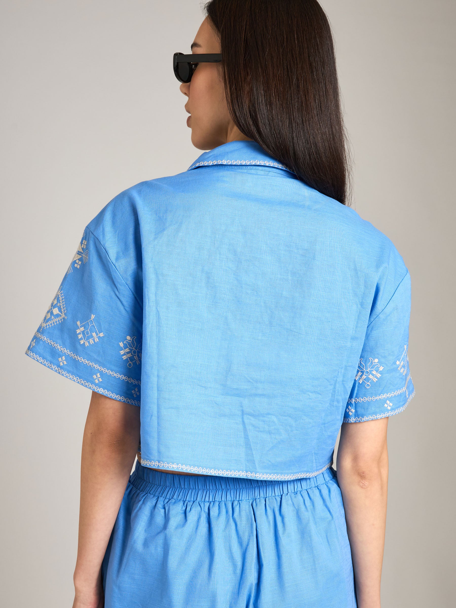 LOVEFINN-Embroidered Cropped Button Shirt-Periwinkle