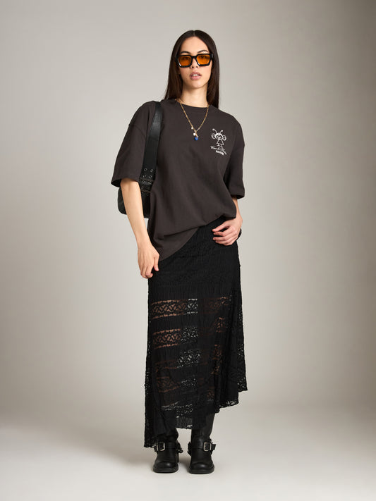 LOVEFINN-Lace Knit Long Skirt-Black