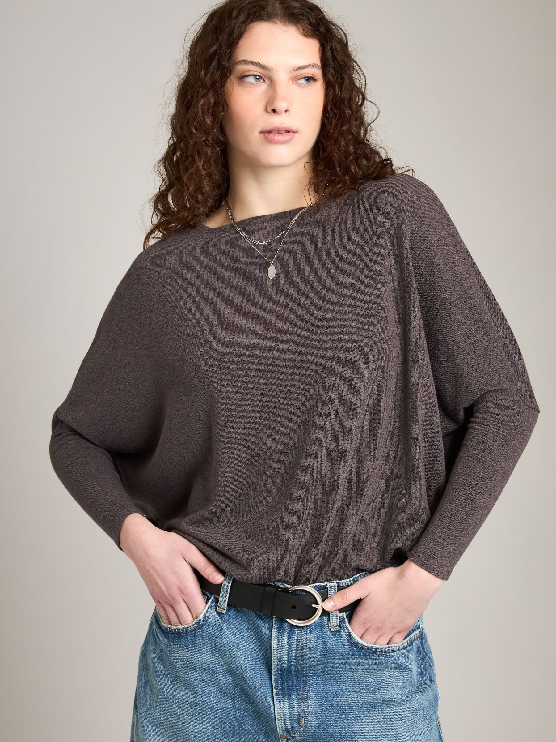 LOVEFINN-Off Shoulder Dolman Tunic-Dark Cocoa