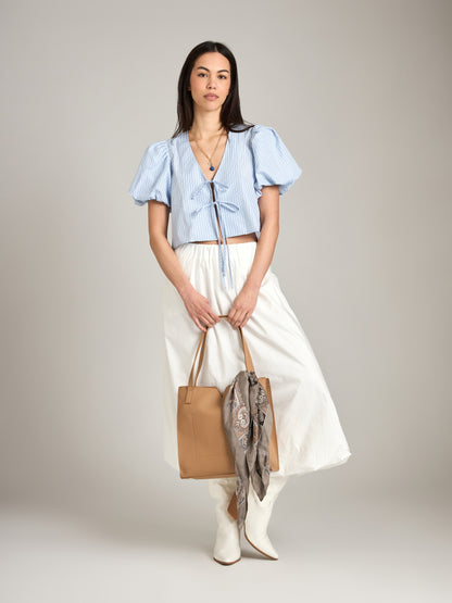 LOVEFINN-Pinstripe Bubble Blouse-Blue