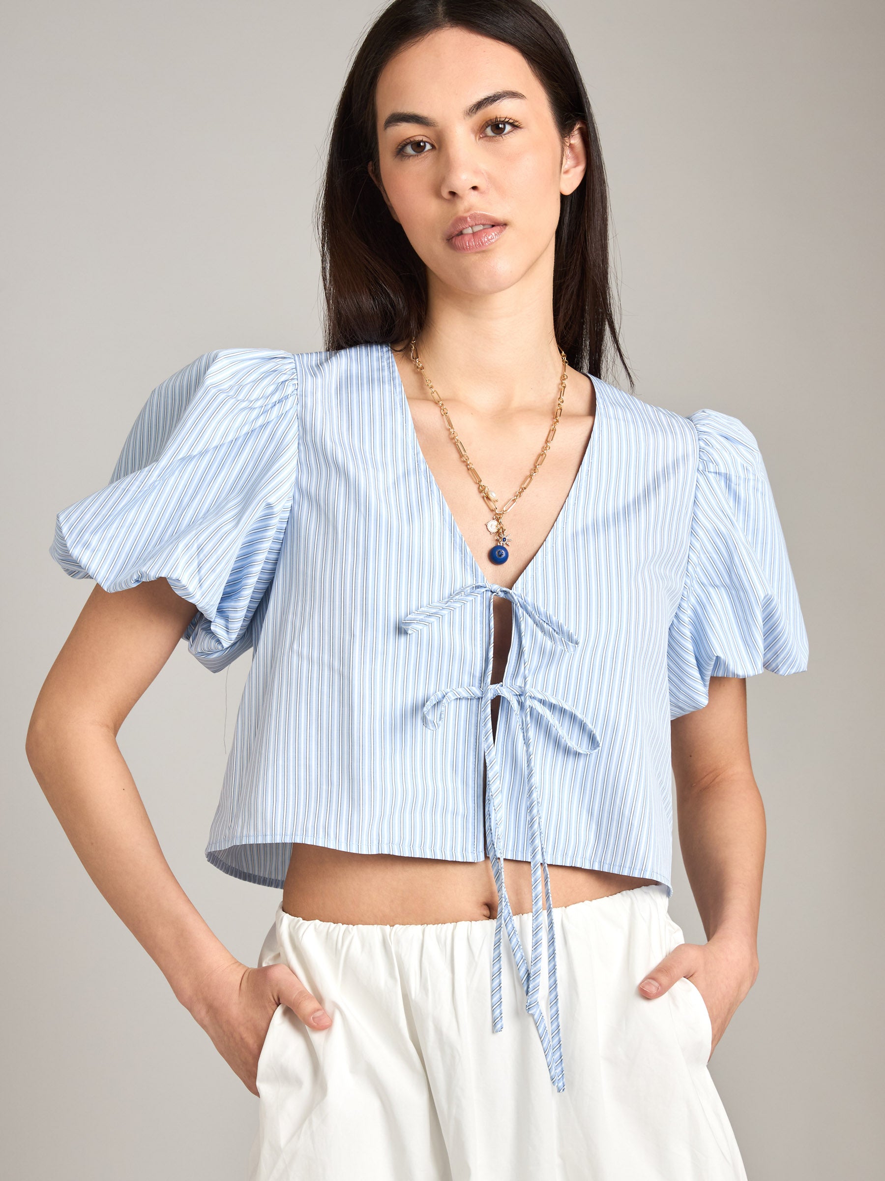LOVEFINN-Pinstripe Bubble Blouse-Blue