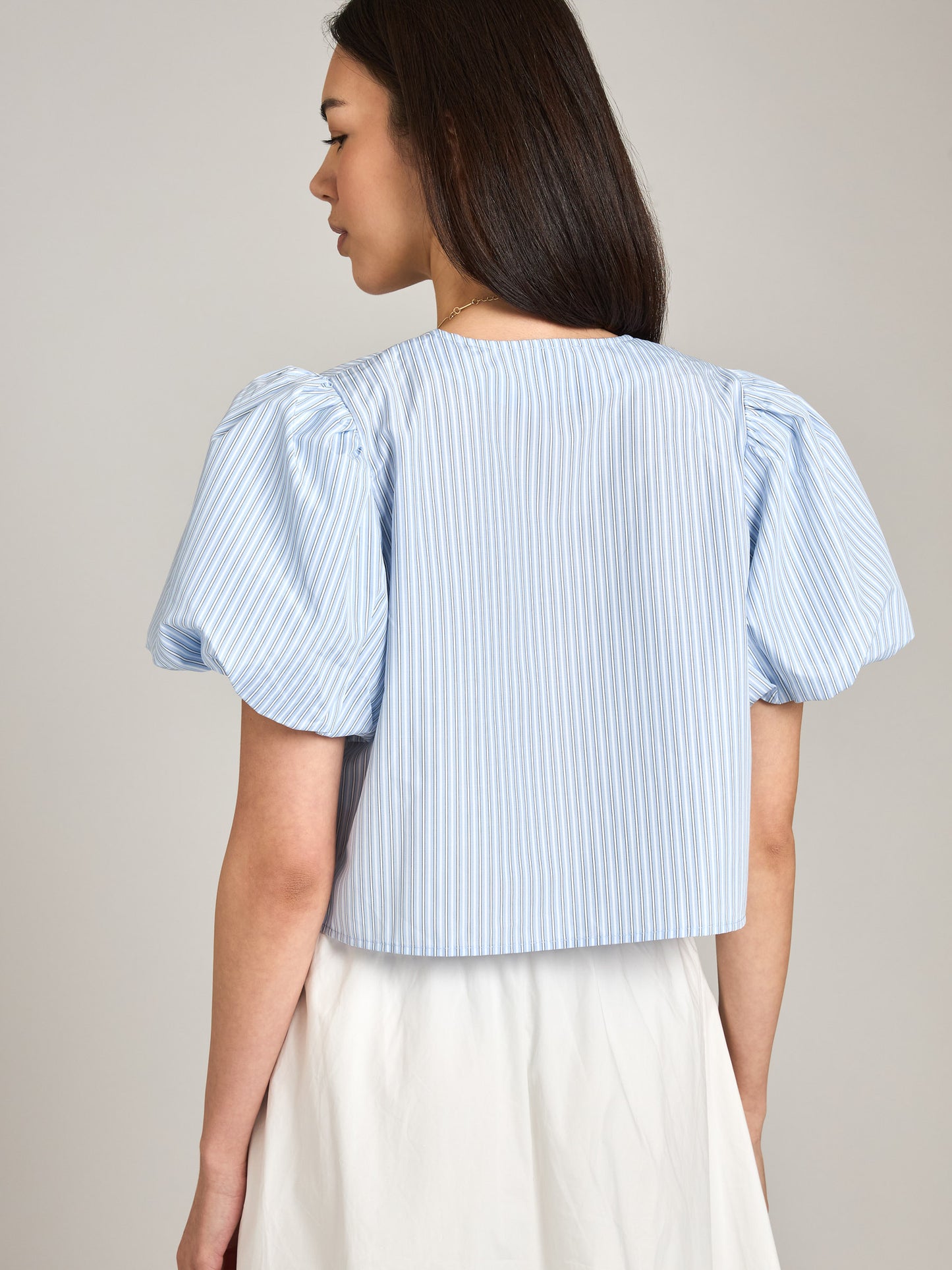 LOVEFINN-Pinstripe Bubble Blouse-Blue