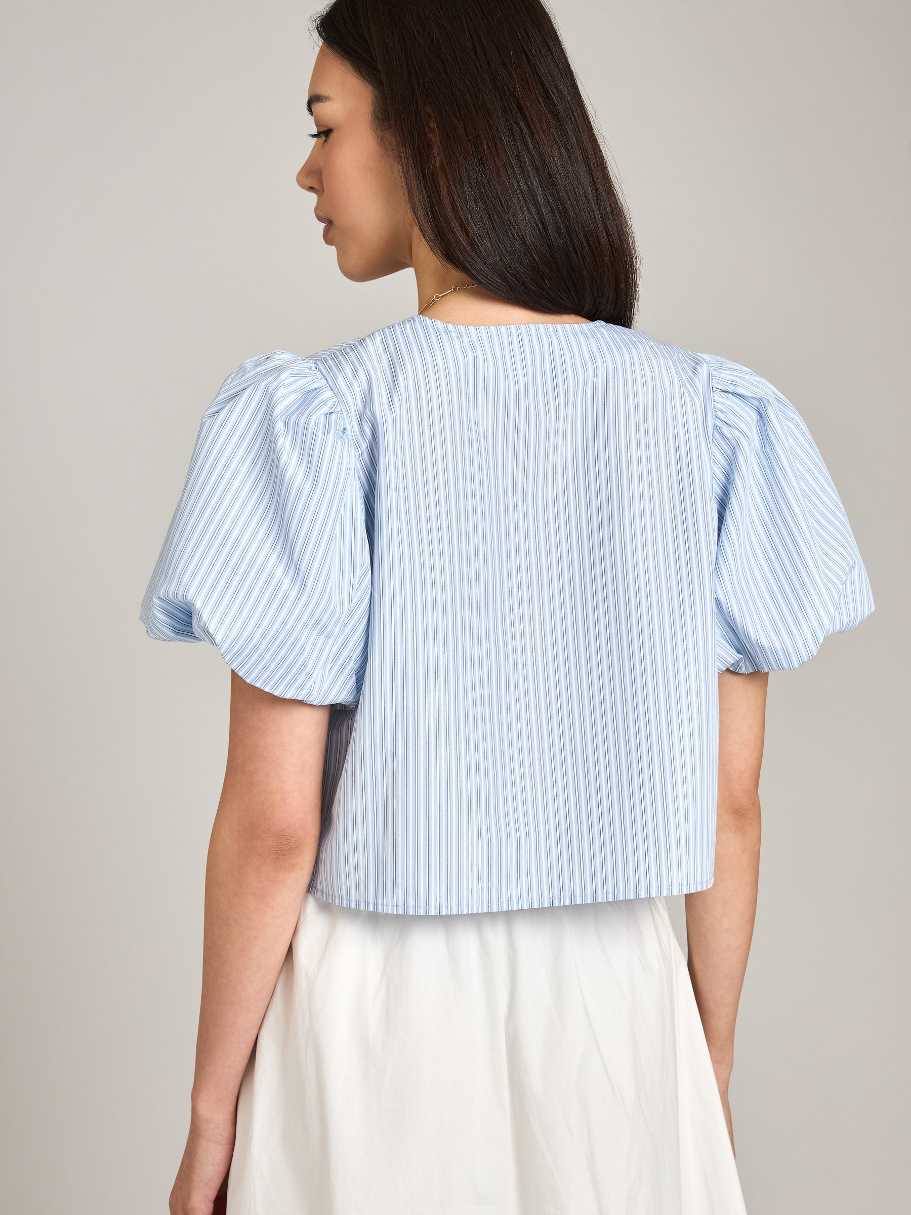LOVEFINN-Pinstripe Bubble Blouse-Blue