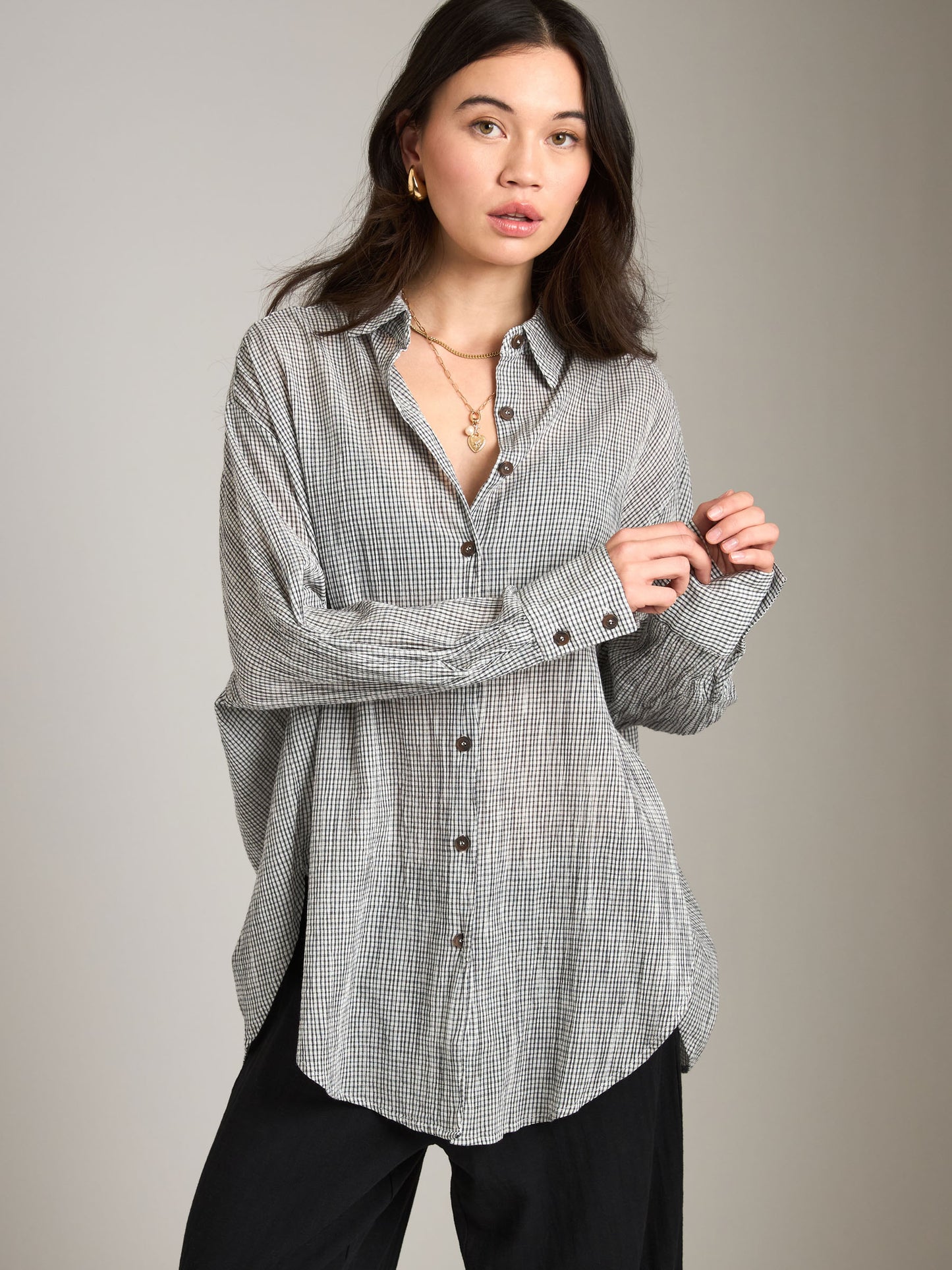 LOVEFINN-Soft Check Button Down Shirt-White