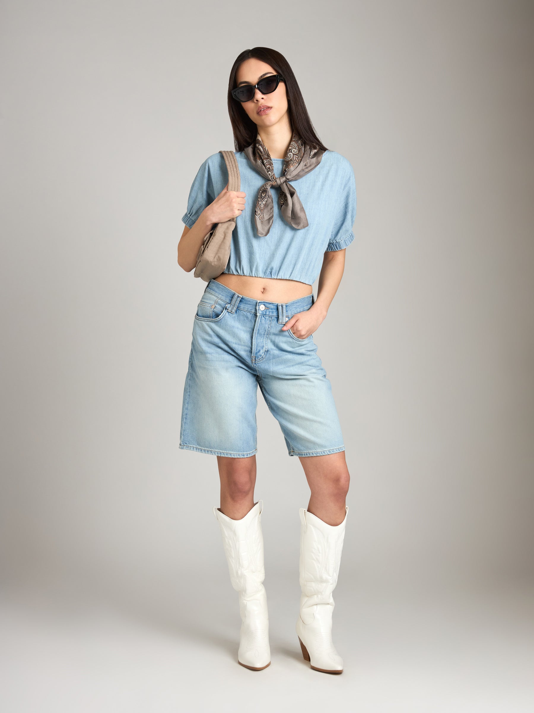 LOVEFINN-Balloon Denim Top-Light Denim