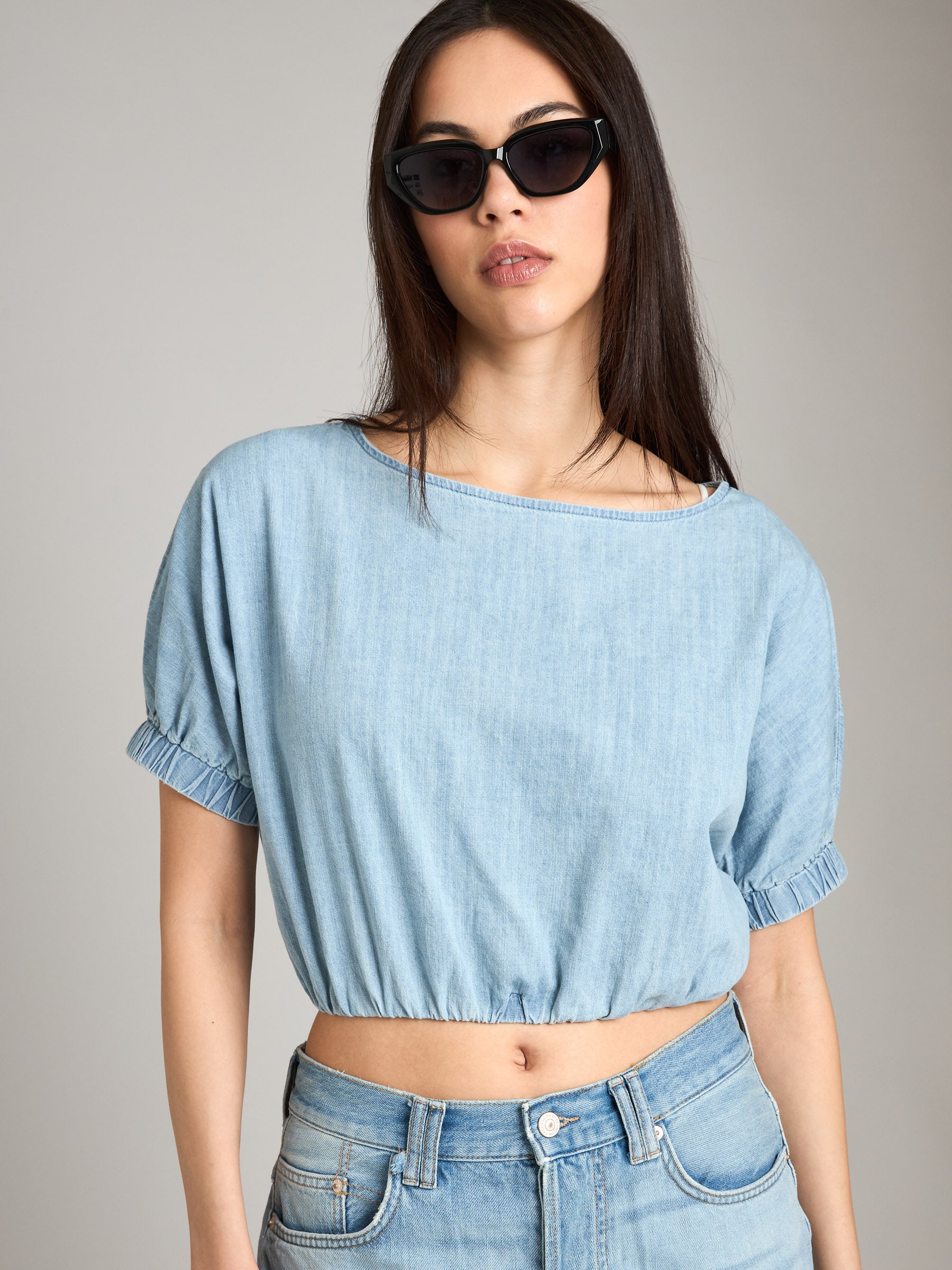 LOVEFINN-Balloon Denim Top-Light Denim