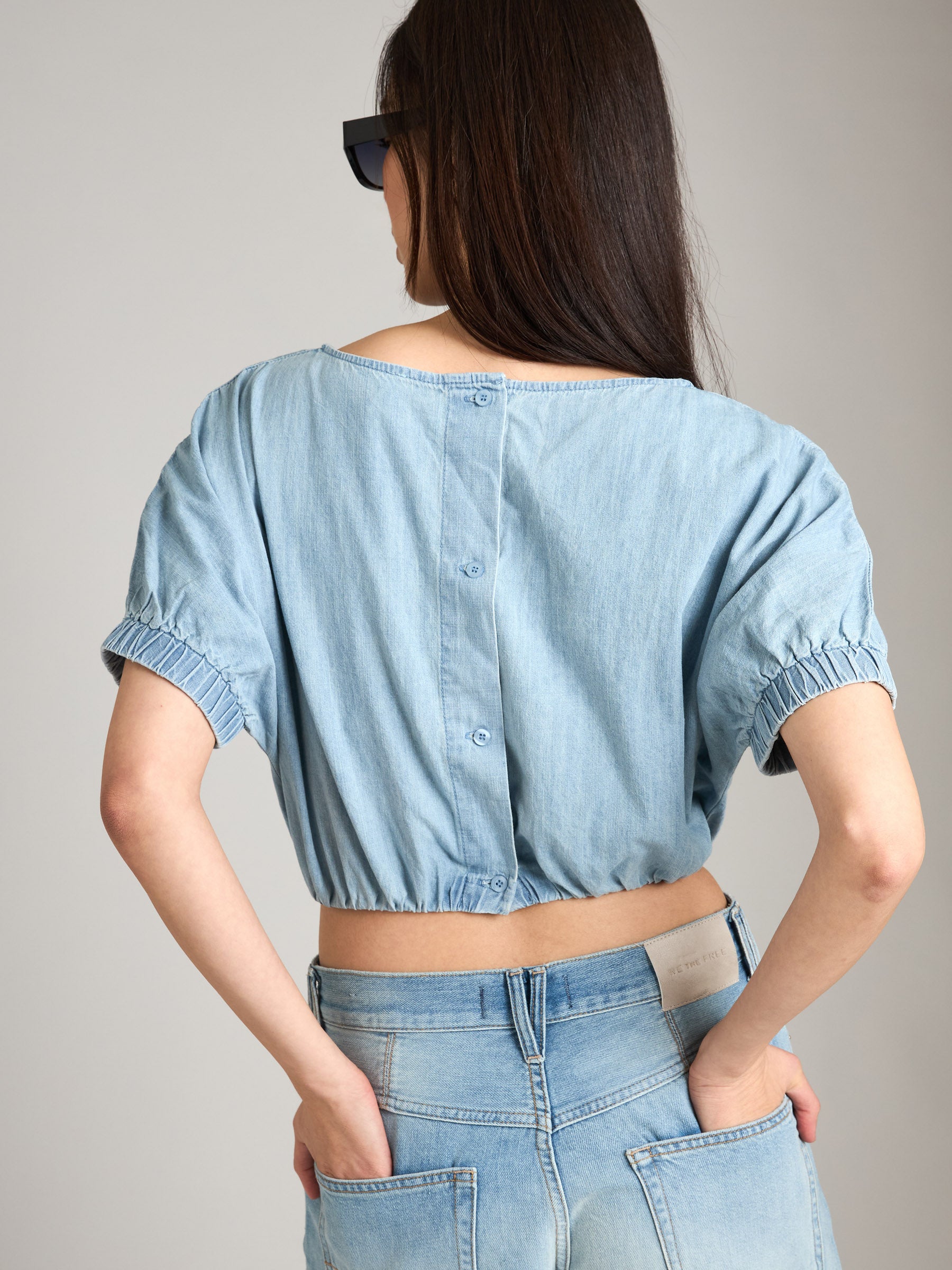 LOVEFINN-Balloon Denim Top-Light Denim