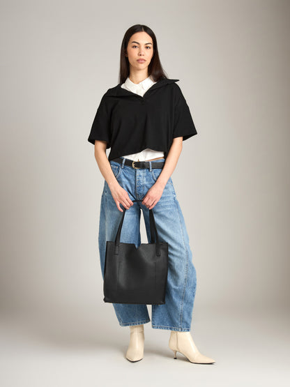 LOVEFINN-Short Sleeve Polo Rib Top-Black