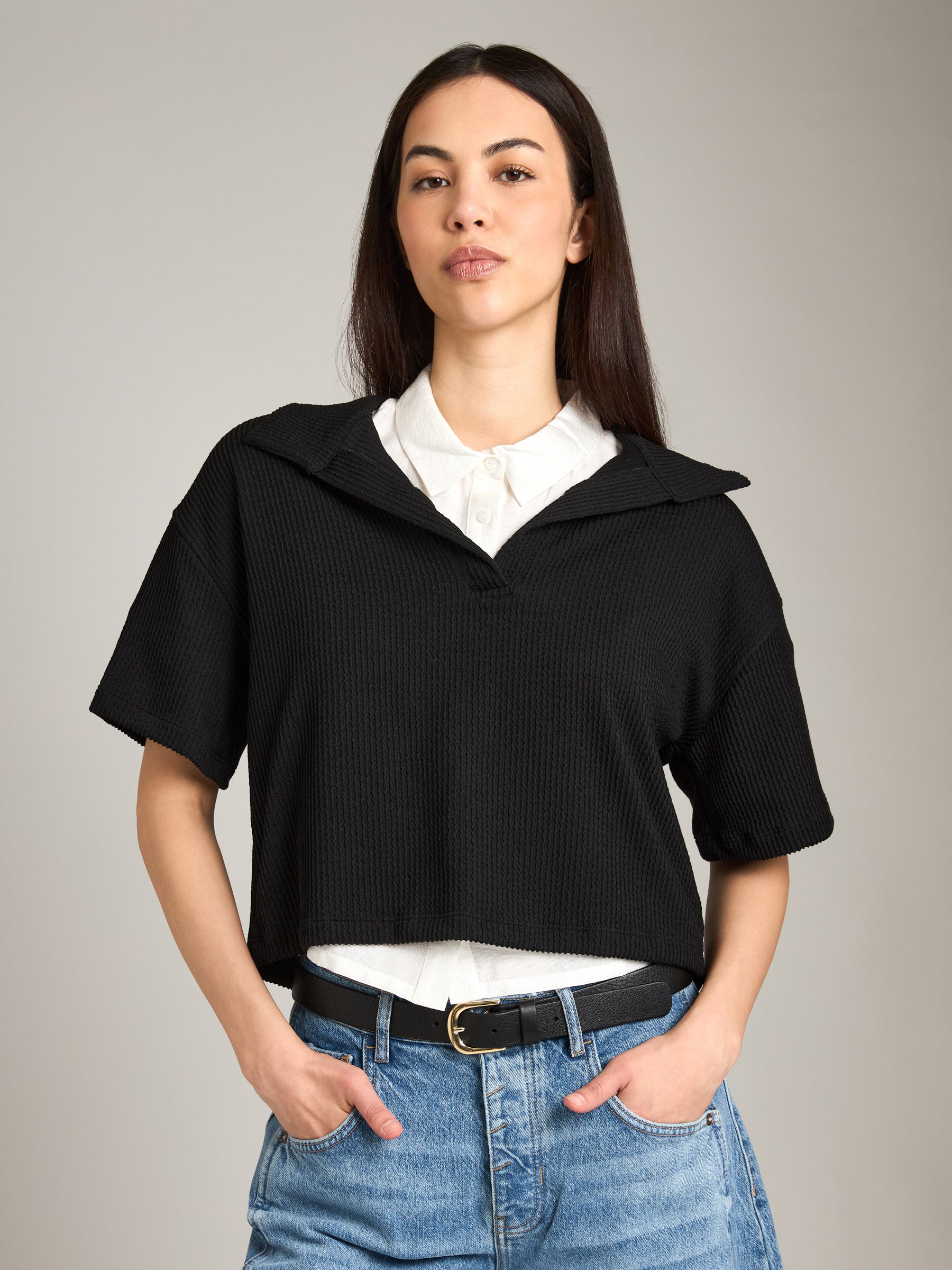 LOVEFINN-Short Sleeve Polo Rib Top-Black