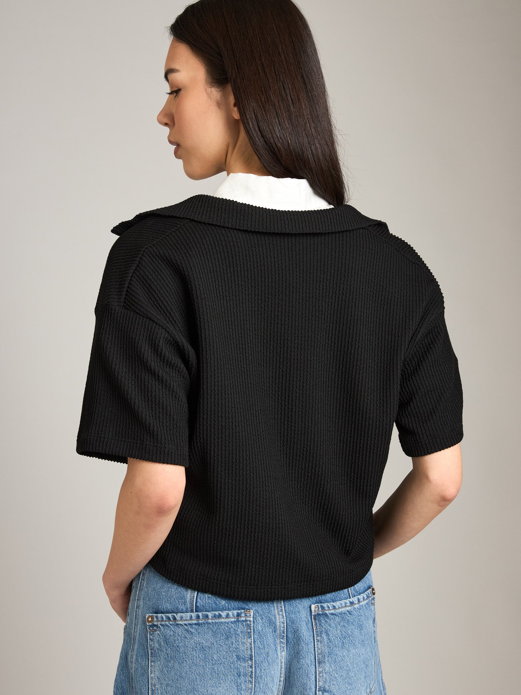 LOVEFINN-Short Sleeve Polo Rib Top-Black
