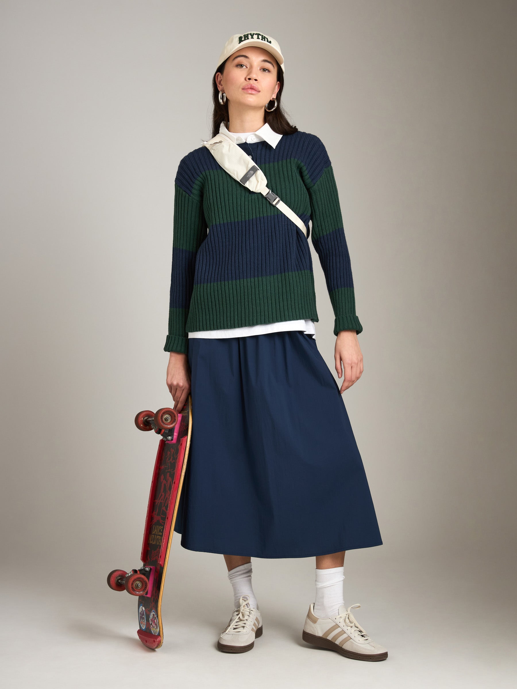 LOVEFINN-Striped Knit Polo Sweater-Green/Navy