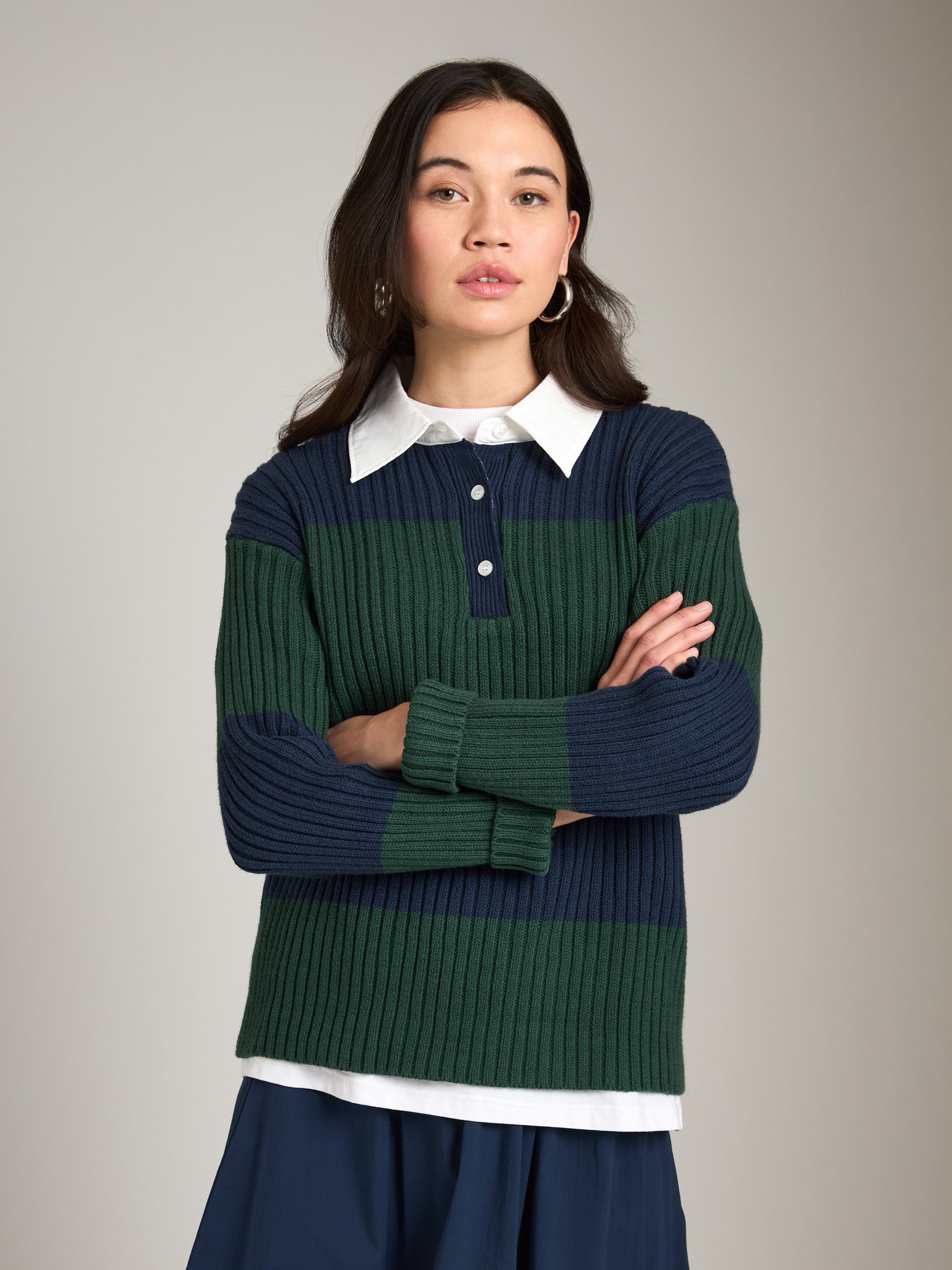 LOVEFINN-Striped Knit Polo Sweater-Green/Navy