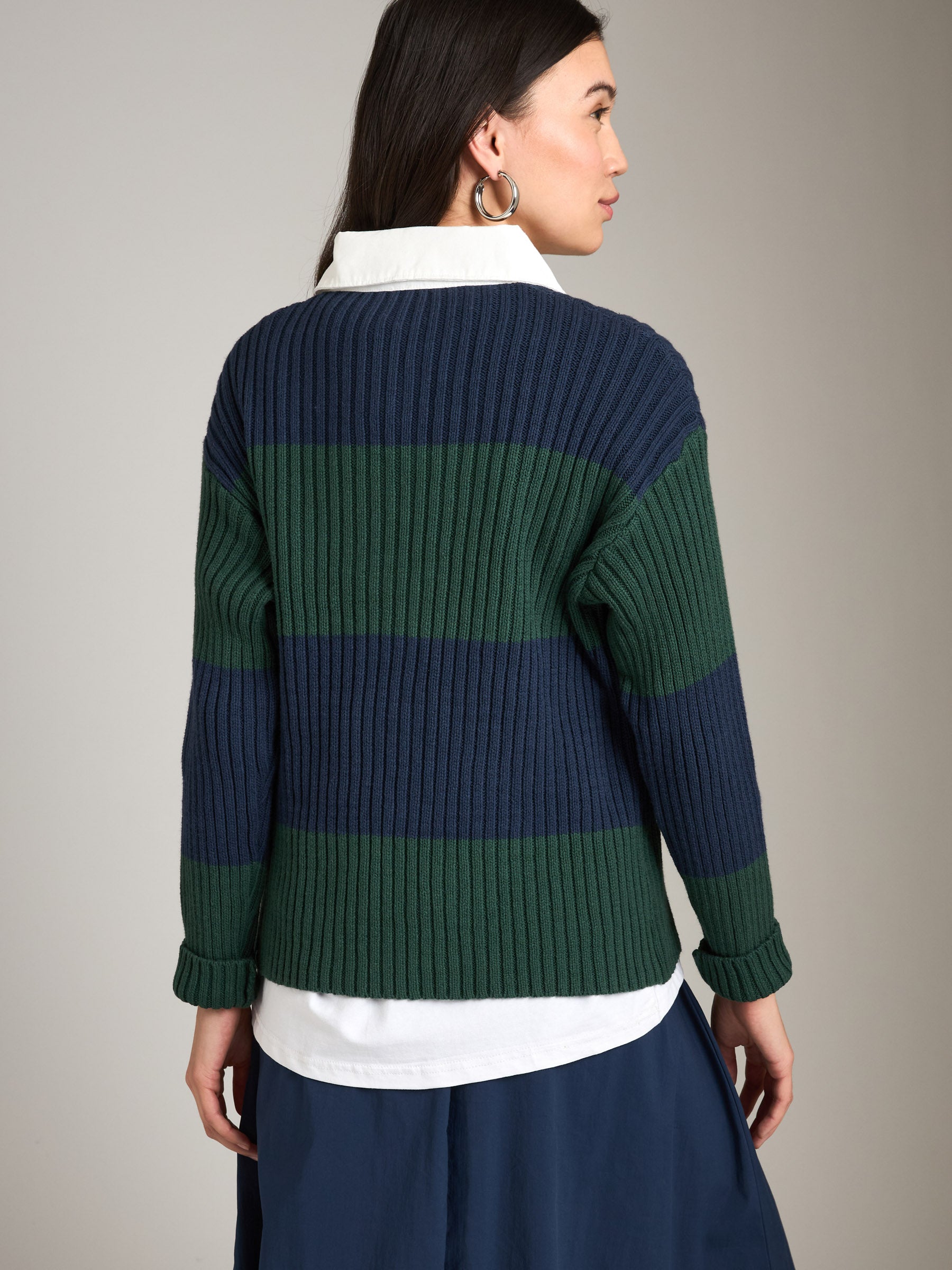 LOVEFINN-Striped Knit Polo Sweater-Green/Navy