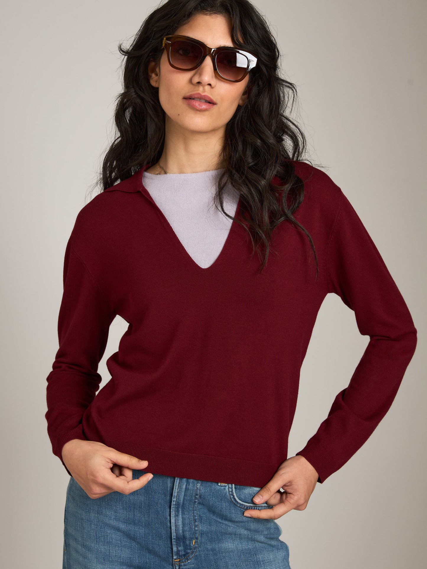 MONK & LOU-Leela V-Polo Sweater-Acai Berry