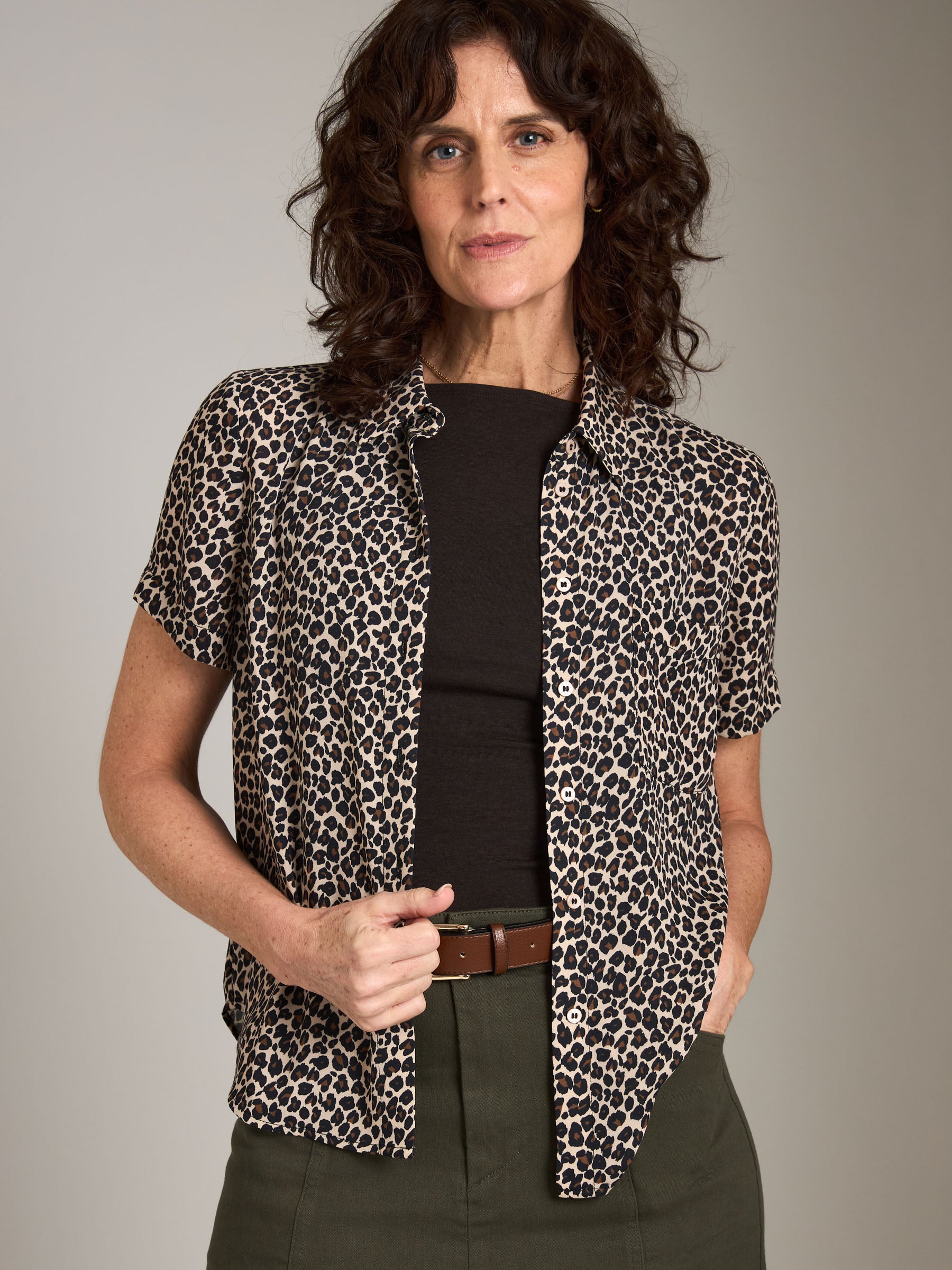 MONK & LOU-Karla Print Relaxed Pocket Blouse-Leopard