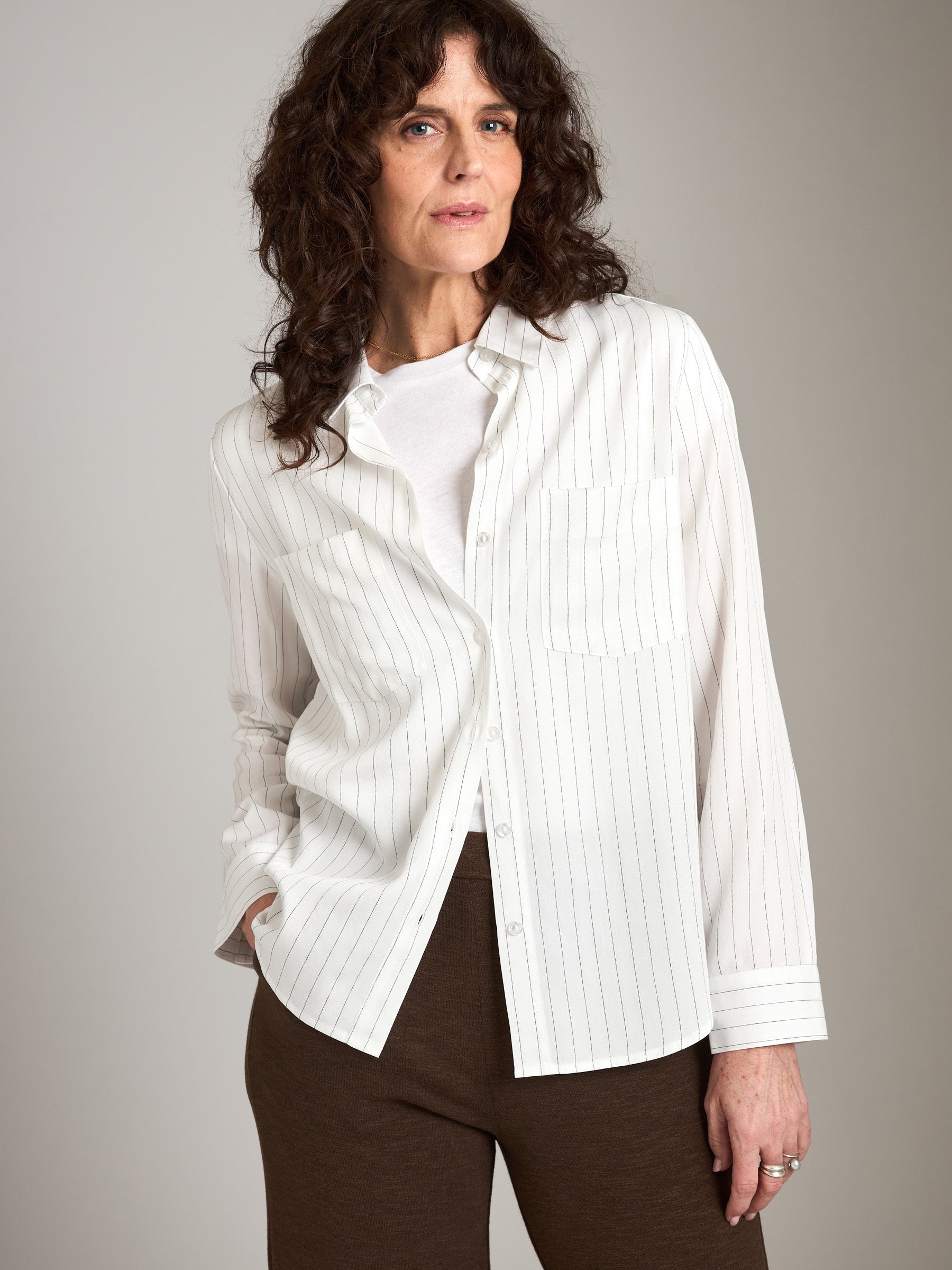 MONK & LOU-Tara Pinstripe Button Up Shirt-White with Black Pinstripe