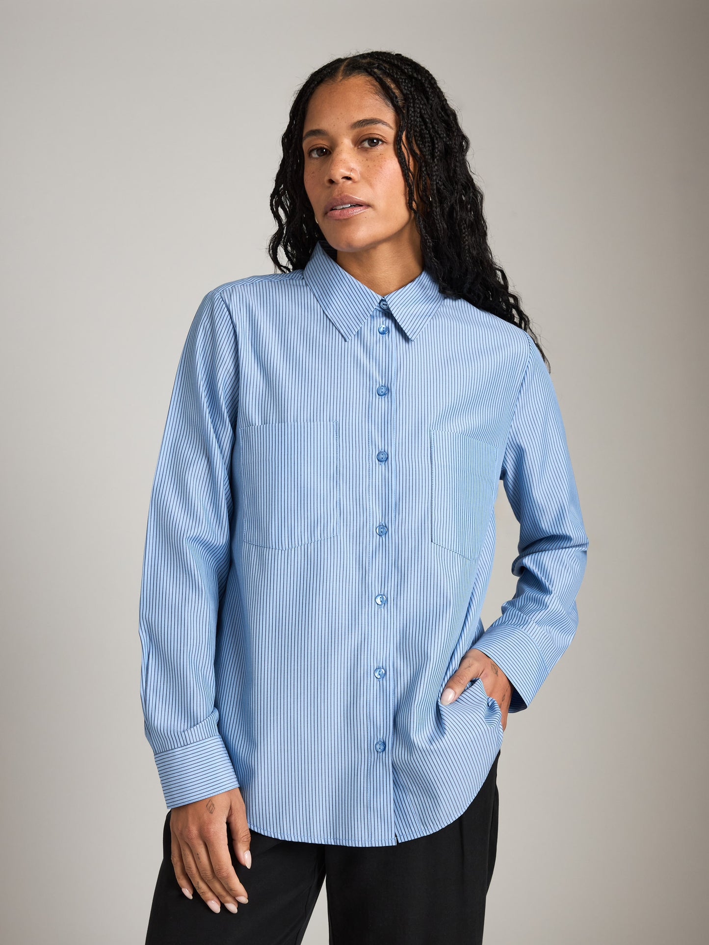MONK & LOU-Tara Stripe Button Up Shirt-Blue Ink Stripe