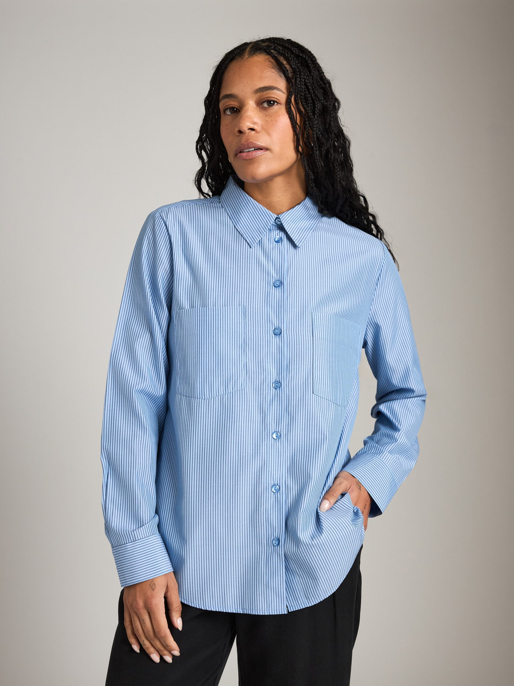 MONK & LOU-Tara Stripe Button Up Shirt-Blue Ink Stripe