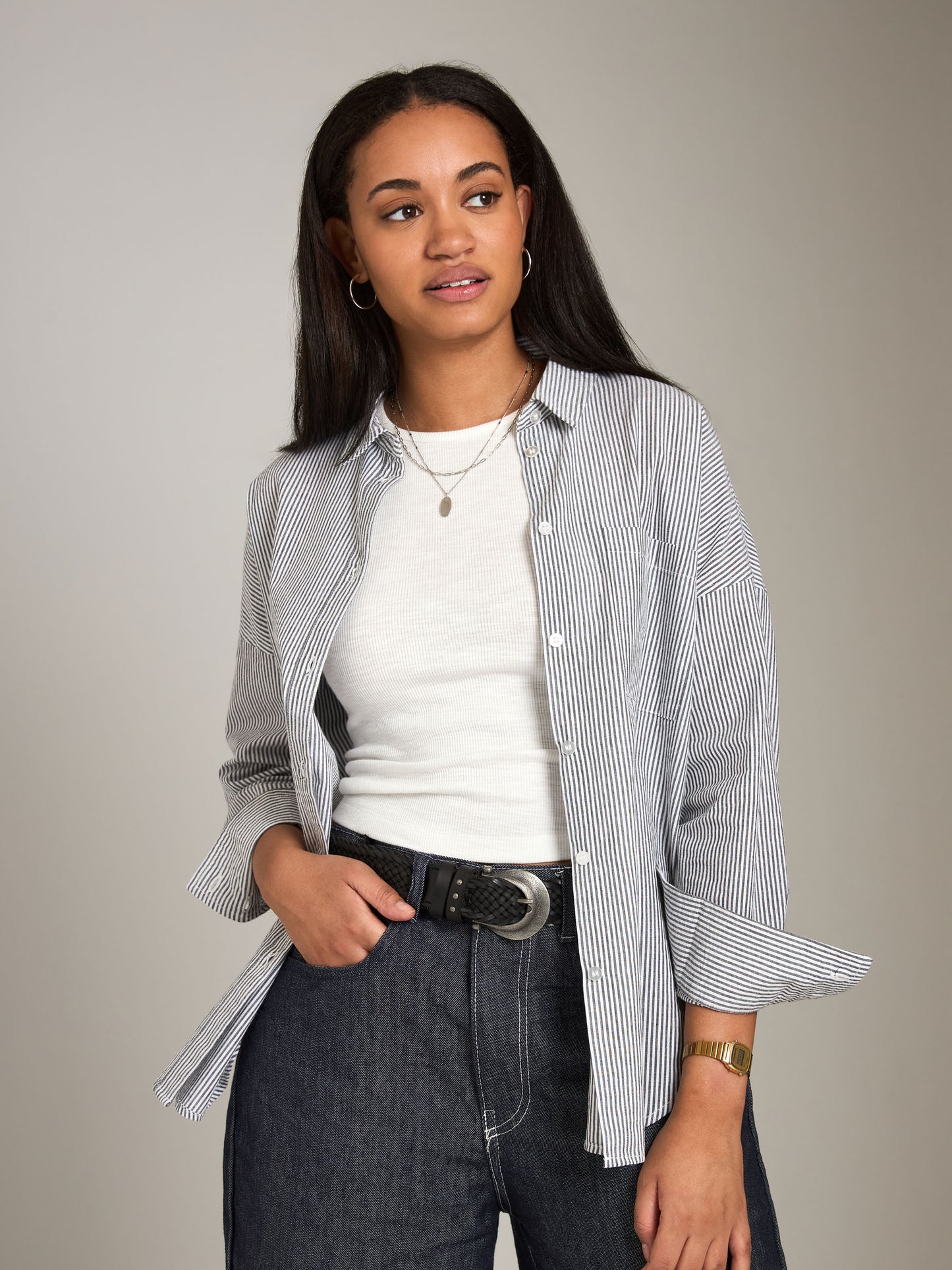 PROPAGANDA-Emilee Seersucker Relaxed Shirt-Black Stripe