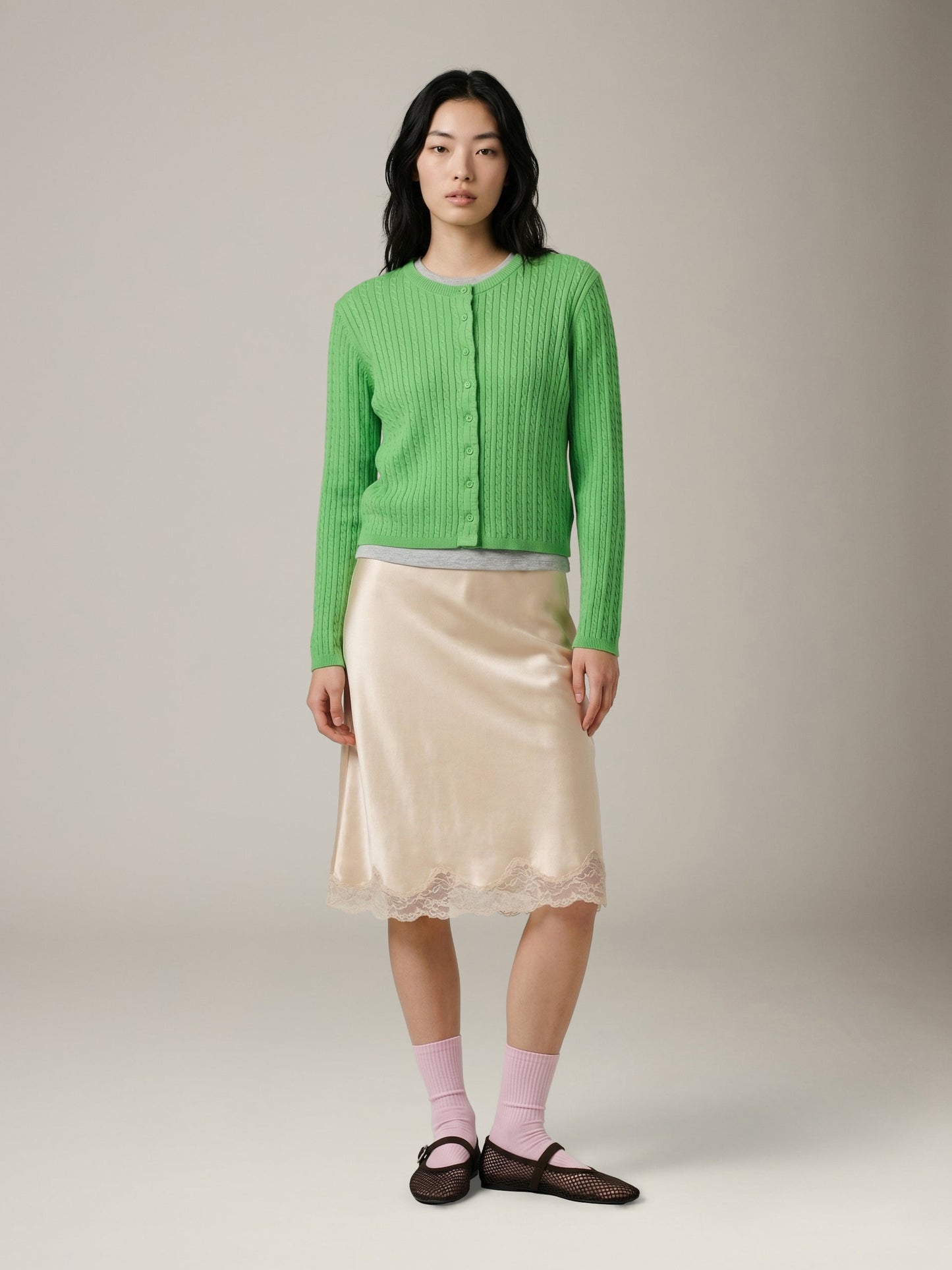LOVEFINN - Cable Crewneck Cardigan - Green