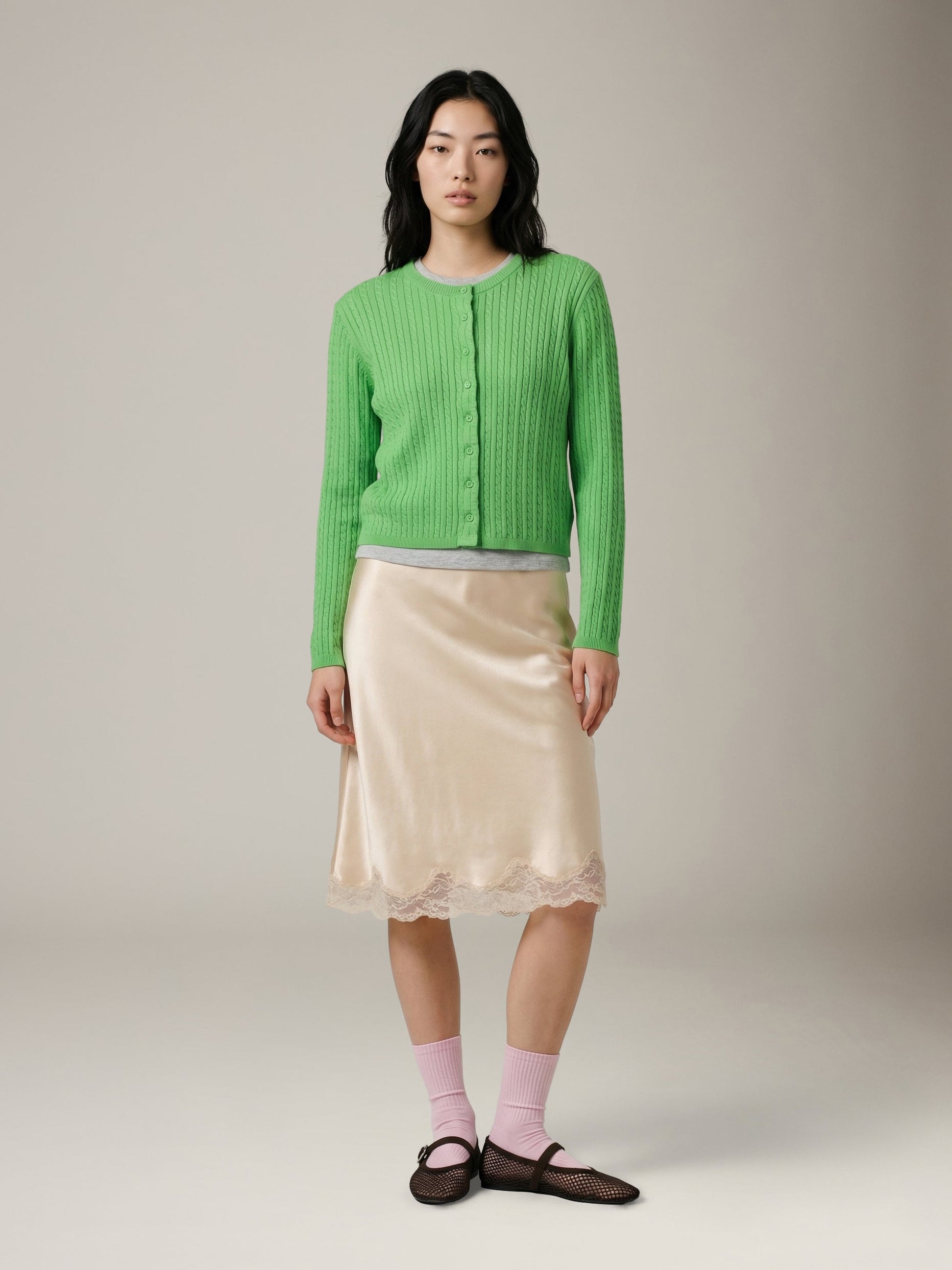 LOVEFINN - Cable Crewneck Cardigan - Green
