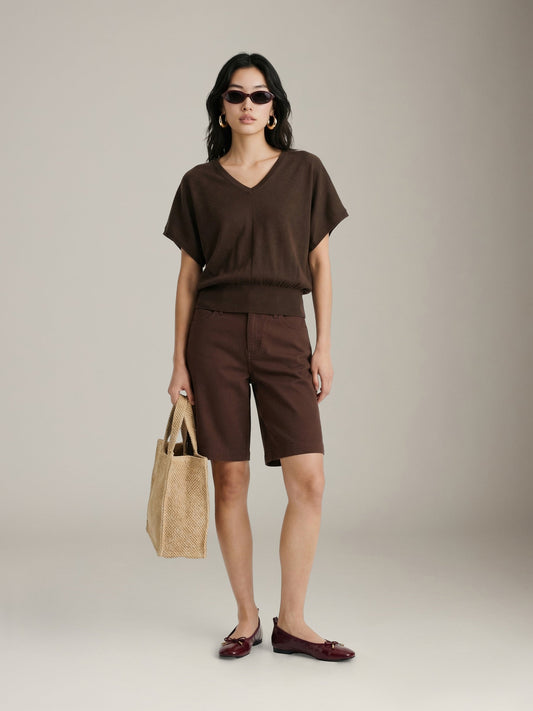 LOVEFINN - Double V-neck Top - Brown