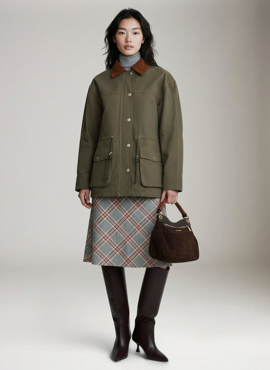 EMORY PARK - Barn Coat with Corduroy Collar - Olive