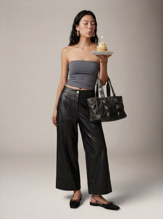 LOVEFINN - Vegan Leather Cropped Wide Leg Pants - Black