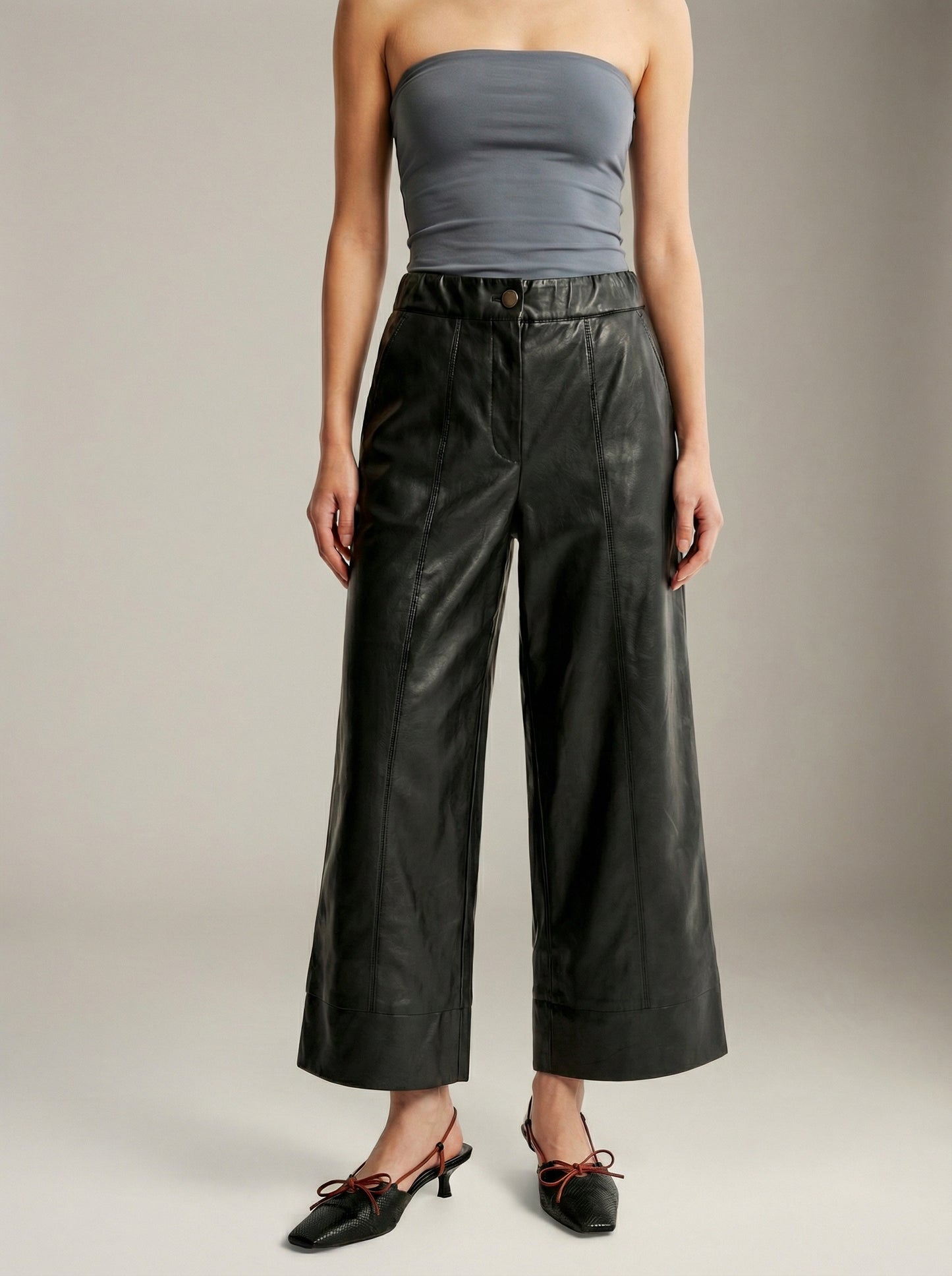 LOVEFINN - Vegan Leather Cropped Wide Leg Pants - 