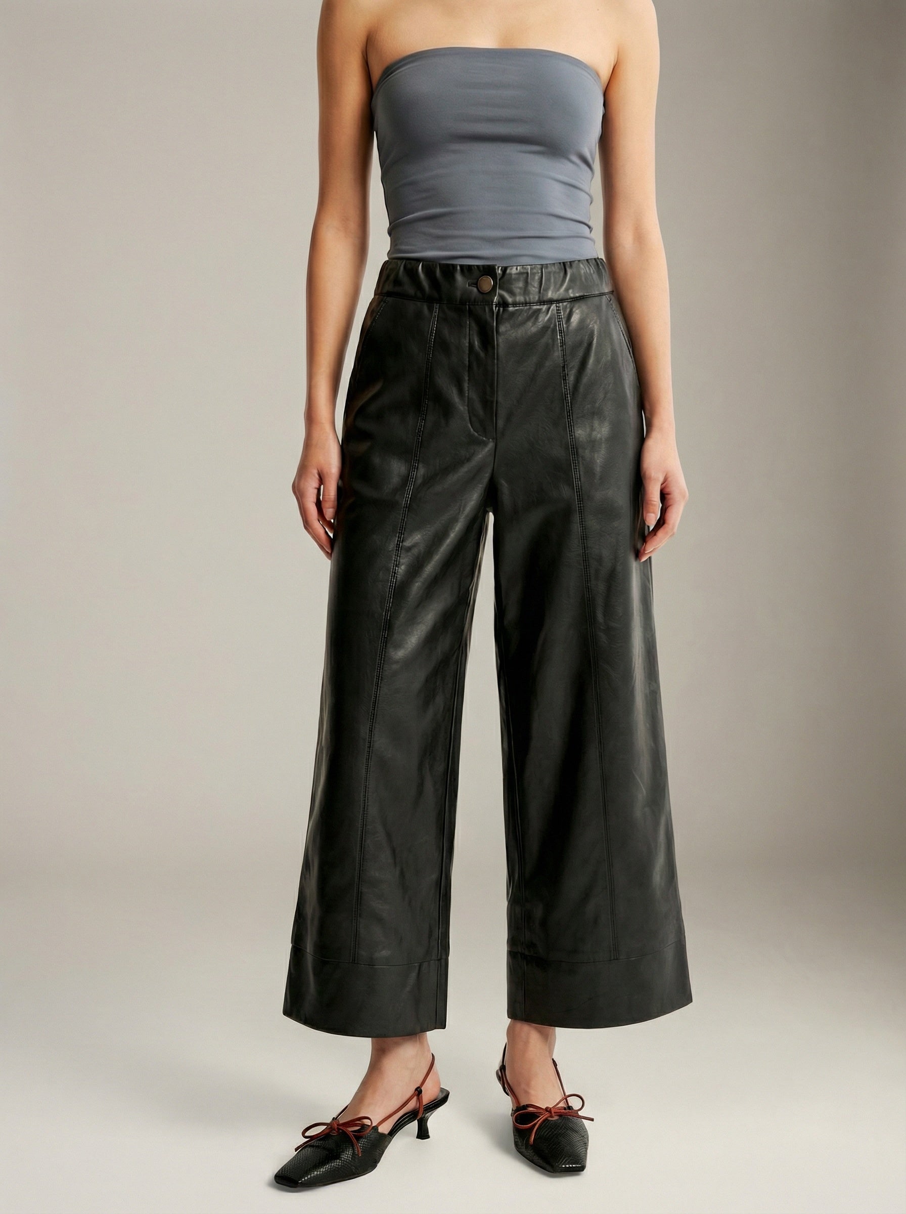 LOVEFINN - Vegan Leather Cropped Wide Leg Pants - 