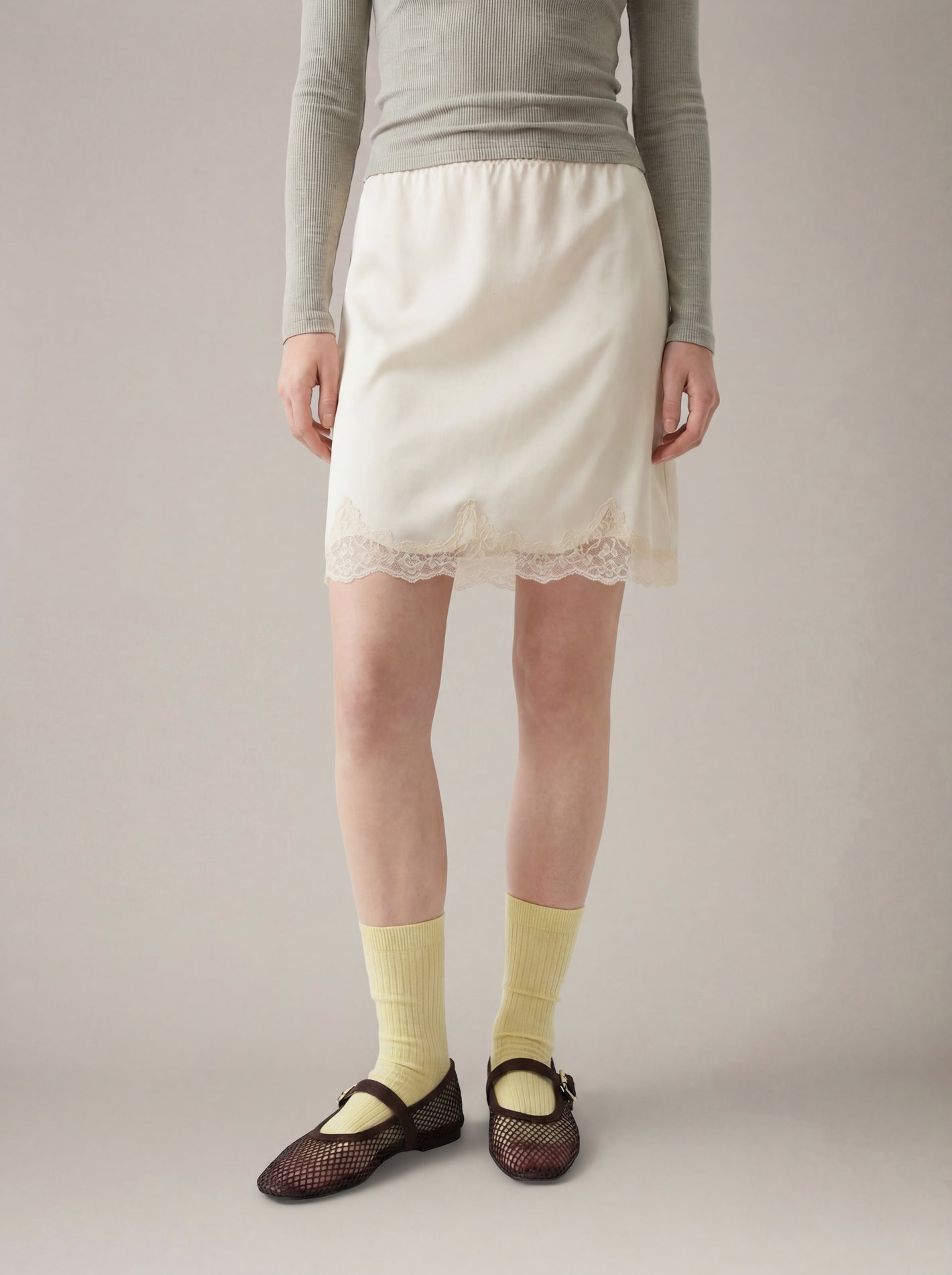 LOVEFINN - Satin Lace Knee Length Skirt - 