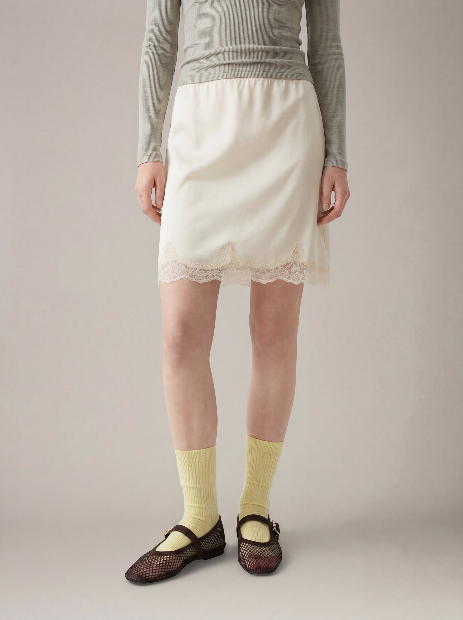 LOVEFINN - Satin Lace Knee Length Skirt - 