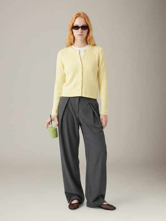 LOVEFINN - Cable Crewneck Cardigan - Butter Yellow