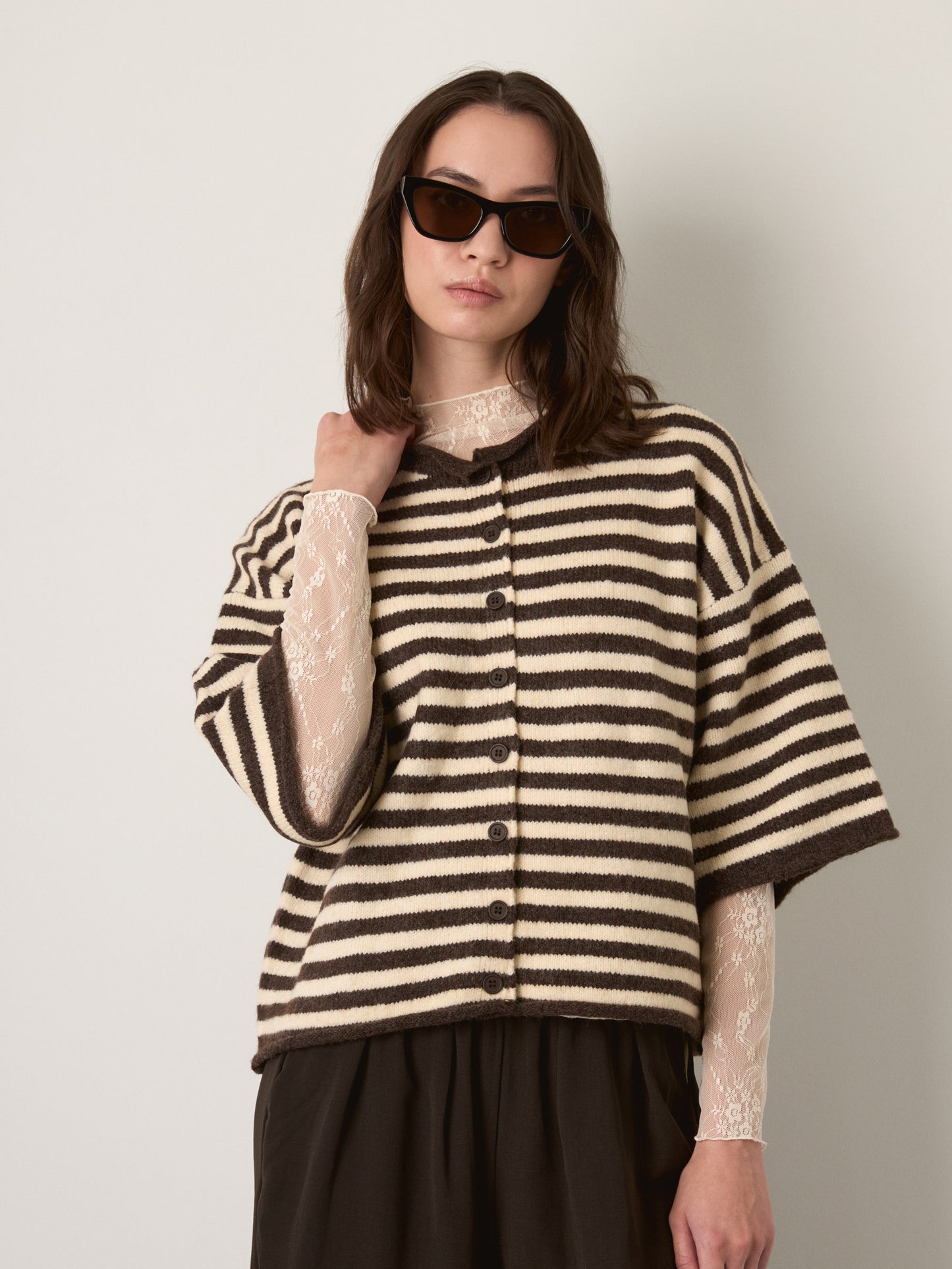LOVEFINN - Kelsey Stripe Three-Quarter Sleeve Striped Cardigan - 