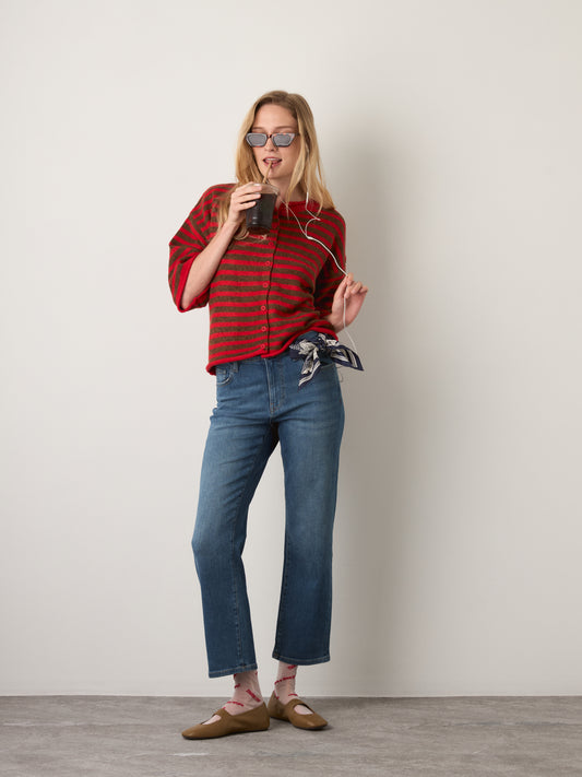LOVEFINN - Kelsey Stripe Three-Quarter Sleeve Striped Cardigan - Red / Camel