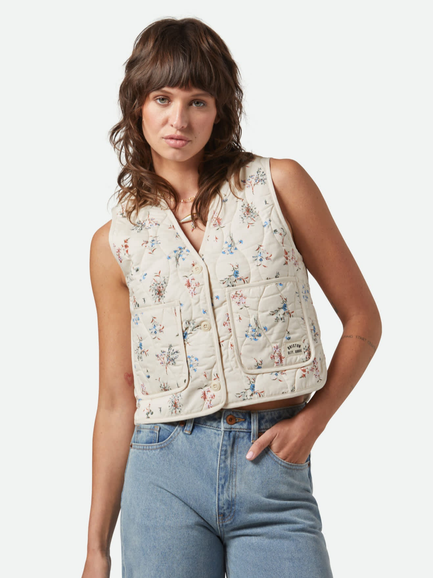 BRIXTON-Field Floral Quilted Vest-Whitecap/Hazelnut/Ditsy Floral