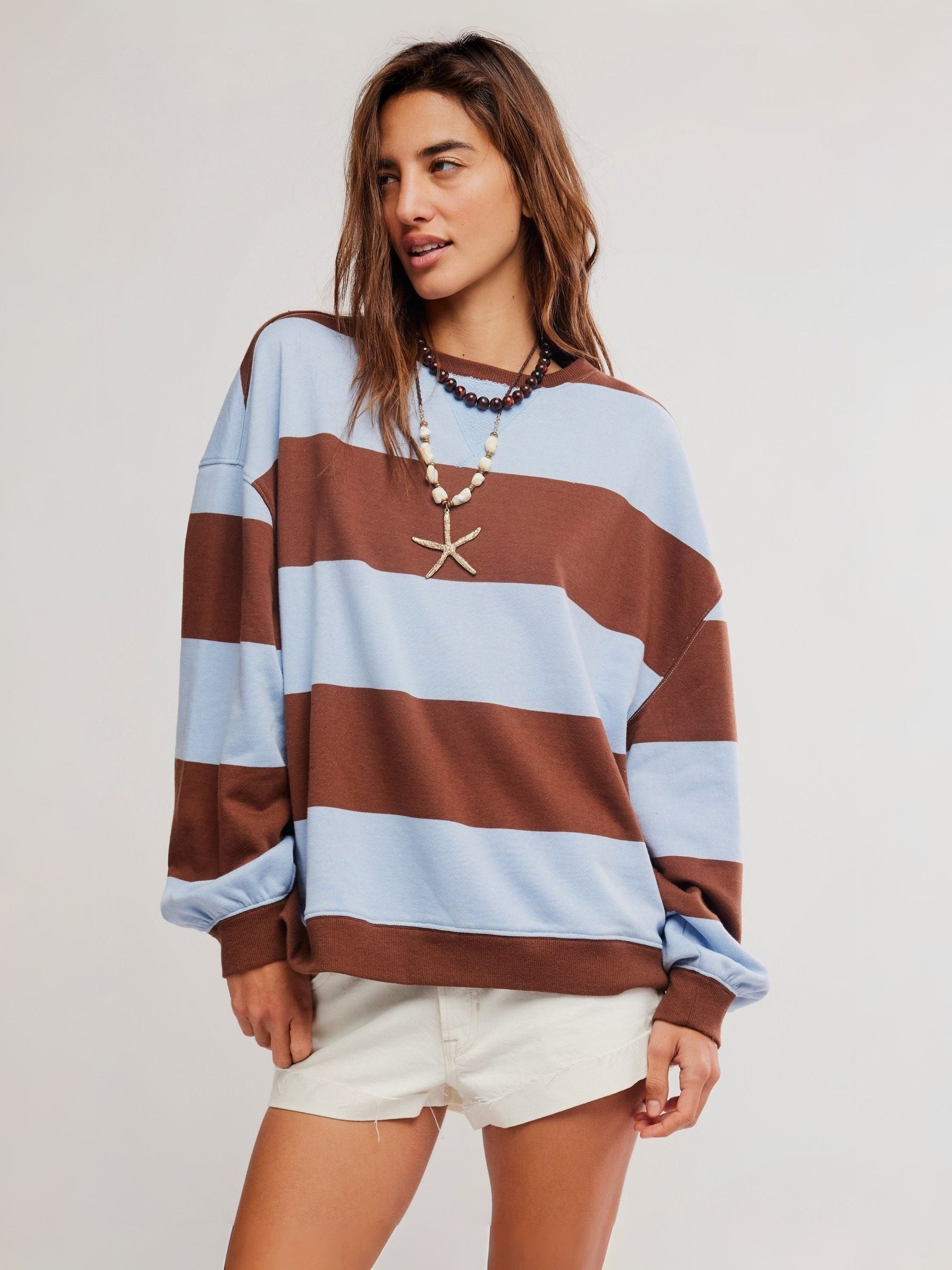 FREE PEOPLE - Classic Striped Oversized Crewneck Sweatshirt - 