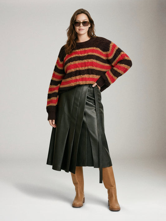 FREE PEOPLE - Frankie Cable Striped Pullover Sweater - 