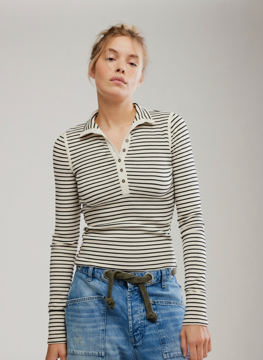 FREE PEOPLE - Lake Stripe Henley Longsleeve Top - 