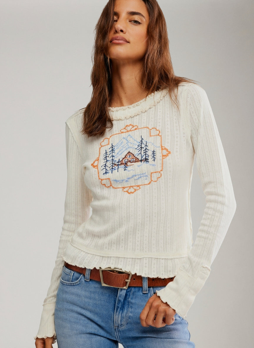 FREE PEOPLE - Through the Woods Pointelle Longsleeve T-Shirt - 