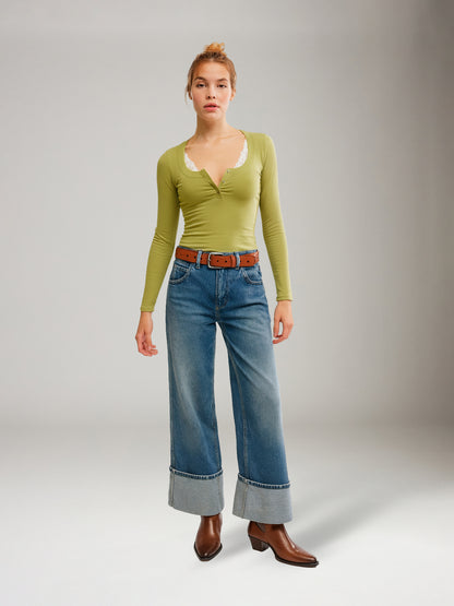 FREE PEOPLE - Wide Awake Longsleeve Top - Moss Stone