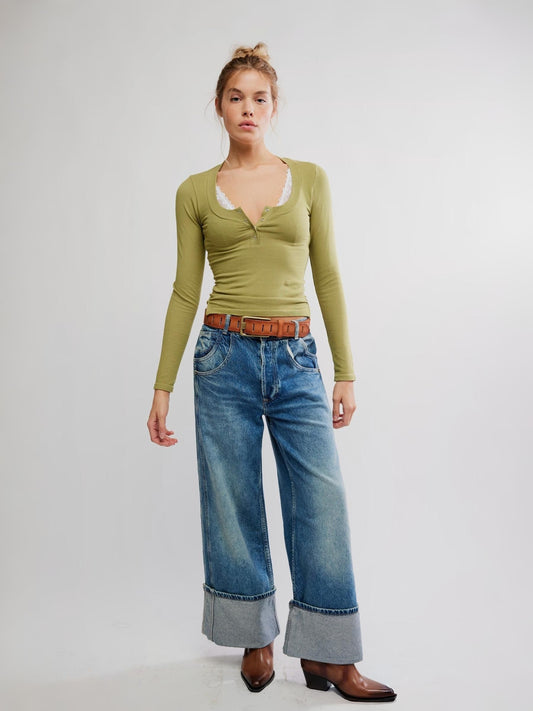 FREE PEOPLE - Wide Awake Layering Longsleeve Top - Moss Stone